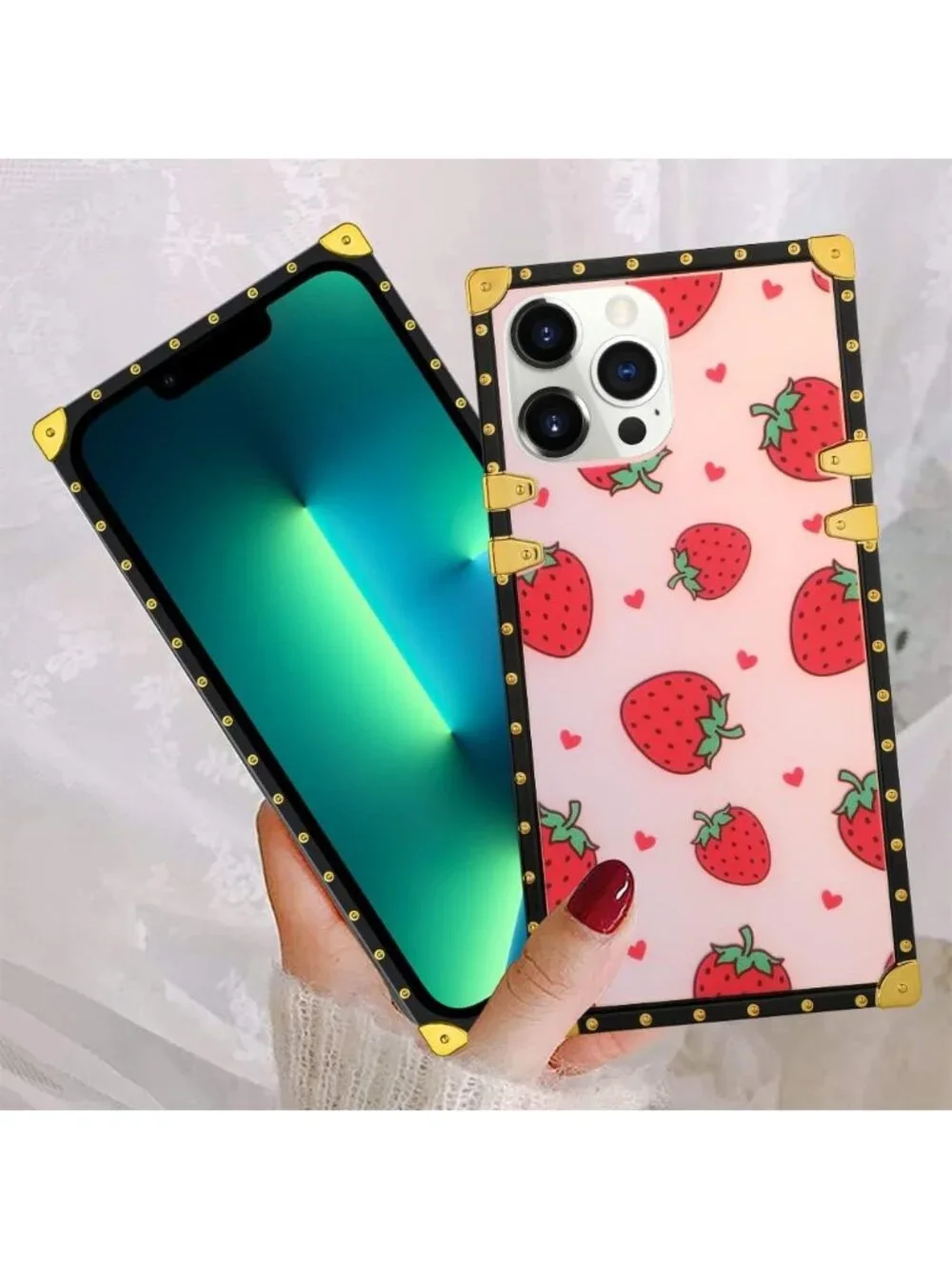 Strawberry Gradient‎ iPhone XR Case – Gold Trim Square, Slim Protective Cover